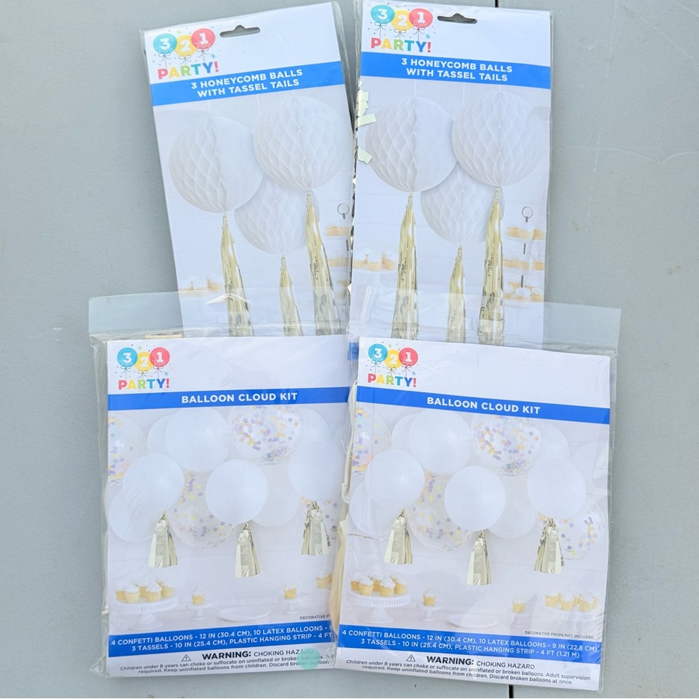 Balloon Cloud Kit & Honeycomb Balls with Tassel Tails - White Gold Party Decor